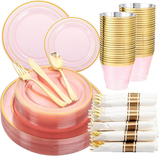 WELLIFE 350Pcs Clear-Pink Plastic Dinnerware- Pink and Gold Plastic Dinnerware include 50 Dinner Plates, 50 Dessert Plates, 150 Gold Silverware, 50 Cups and 50 Napkins Perfect for Parties