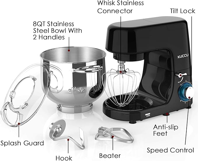 9.5 QT Double Handle KUCCU Stand Mixer, 6 Speed with Pulse Electric Kitchen Mixer, 660W Tilt-Head Food Mixer with Dishwasher-Safe Dough Hook, Flat Beater, Whisk, Splash Guard for home baking (Black)