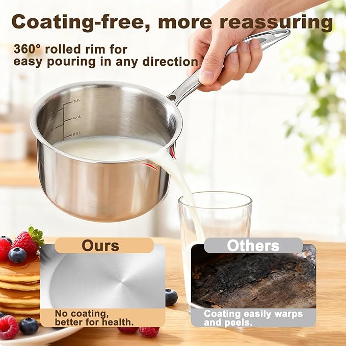 1 Quart Triple Stainless Steel Saucepan with Lid, Ramen Pot with Clear Glass Cover, Small Sauce Pan for Cooking Oatmeal, Induction-Ready, Dishwasher-Safe, Suitable for All Stoves