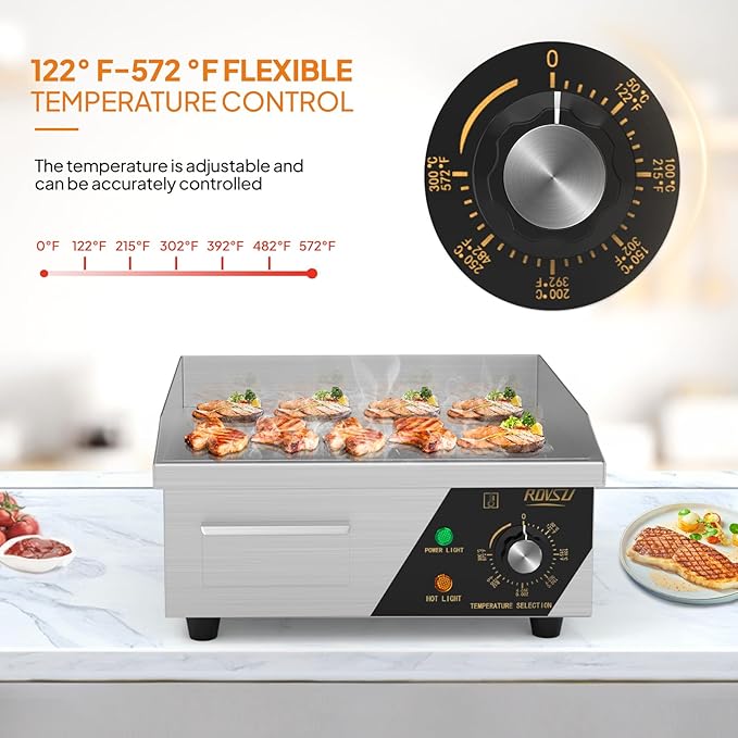 ROVSUN 14" Electric Countertop Flat Top Griddle, 1500W Electric Griddle, Teppanyaki Grill Stainless Steel with Adjustable Temperature Control 122째F-572째F for Home Restaurant Commercial