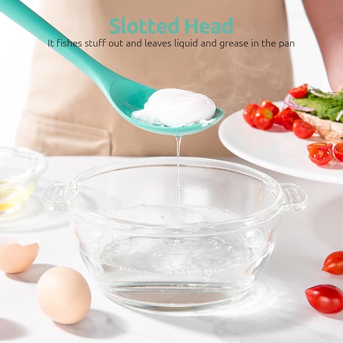 600쨘F Heat Resistant Silicone Spoons: U-Taste 13.3in Solid & Slotted Kitchen Cooking Tool, Nonstick Long Rubber Utensil, Sturdy for Mixing, Serving, Stirring, Frying, Basting (Aqua Sky, 2PCS)