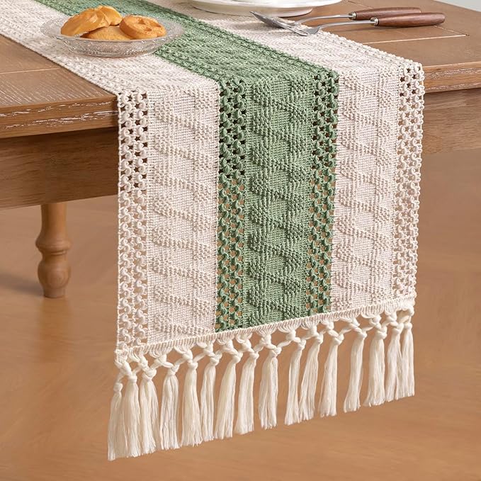 Socomi Boho Table Runner Macrame Long Valentine's Day Farmhouse Woven Cotton Linen Rustic Coffee Table Runner with Tassels for Dresser Scarf Home Decor Dining Room 12x108 inch Sage Green Ivory