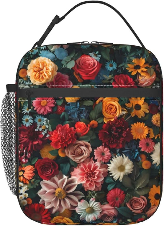 VANZEV Colorful Elegant Floral Print Insulated Lunch Box Gifts for Kids Adults Vibrant Flower Design Reusable Portable Lunchbox Cooler Lunchbag for Work Picnic School Travel or Hiking