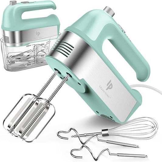 Hand Mixer Electric, 450W Kitchen Mixers with Scale Cup Storage Case, Turbo Boost/Self-Control Speed + 5 Speed + Eject Button + 5 Stainless Steel Accessories, For Easy Whipping Dough, Cream, Green