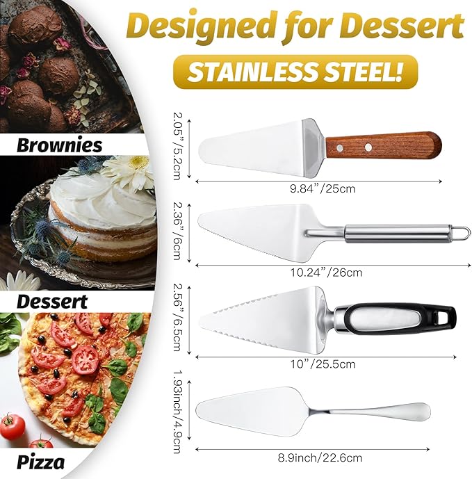 4 Pieces Pie Server Set Stainless Steel Pie Spatula Metal Cutter Serrated Cake Server Wood Handle Pizza Slicer Flatware Cake and Pastry Servers for Kitchen Cutting Serving Desserts