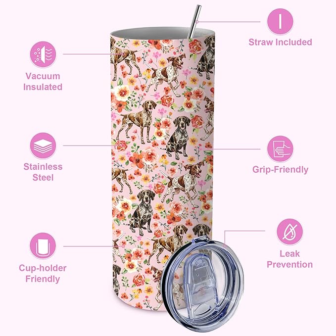 Yogusut German Shorthaired Pointer Gifts for Women, 20oz Stainless Steel Insulated Tumbler Travel Mug Cup with Lid Straw Brush, Gifts for Dog Mom Dog Lover
