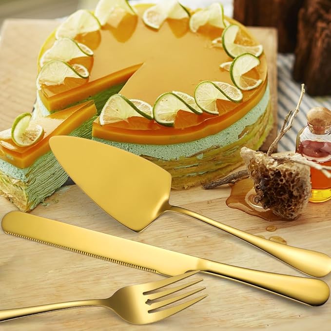 AARAINBOW Hostess Serving Utensils Set Large, 8 Pcs Stainless Steel Serving Utensils for Parties Buffet, Flatware Serving Sets with Serving Spoon Slotted Spoons Serving Forks (Golden)