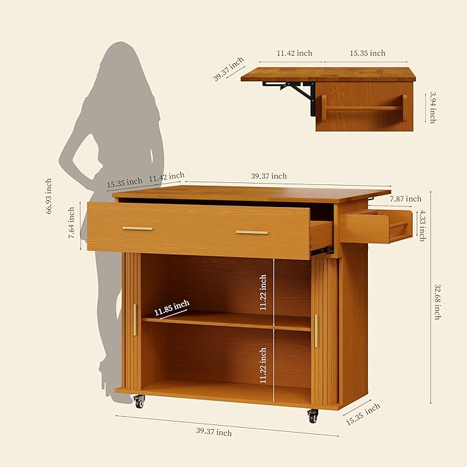 DHH Rolling Kitchen Island with Drop Leaf Countertop&Ample Storage - 39.4" Small Mobile Kitchen Cart On Wheels with Sliding Door,Drawers,Spice Rack & 2-Tier Storage (Yellow Walnut)