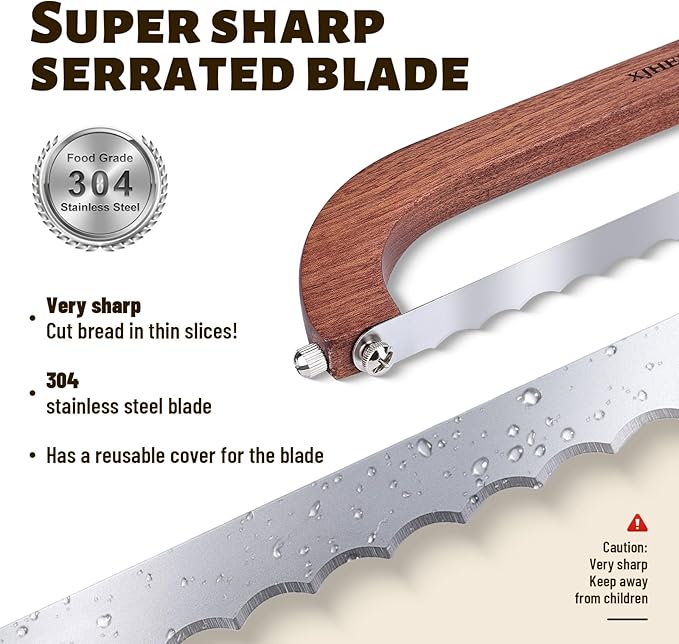 Sourdough bread knife,Bread Slicer for Homemade Bread,Adjustable blade tightness for Even Slicing, Serrated knife,Wooden Bread cutter with Bow Design (3, Natural Wood)
