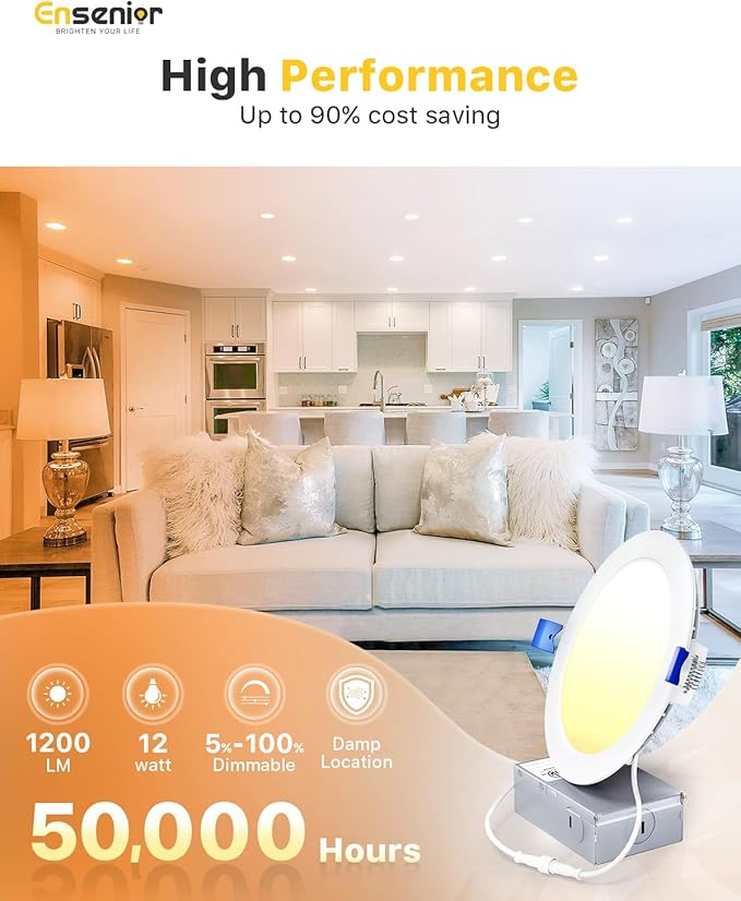 Ensenior 4 Pack 6 Inch LED Recessed Light, Dimmable, 2700K-5000K 5CCT, 1200LM High Brightness, 12W 120V, Damp Rated, Ultra-Thin Canless Wafer Ceiling Light - ETL & FCC & IC