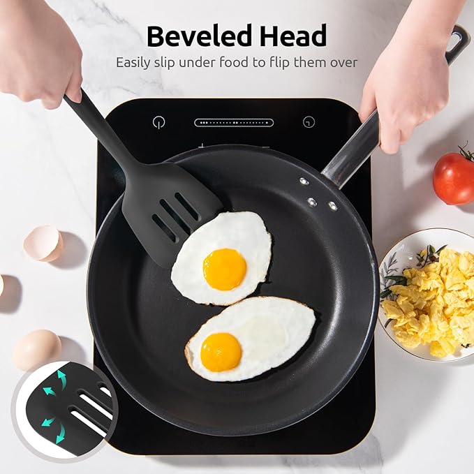 600쨘F Heat Resistant Silicone Turner: U-Taste 13.6in Long Solid & Slotted Thick Kitchen Spatula Flipper, Large Flexible Cooking Utensil for Flipping Egg in Nonstick Cookware (Classic Black, 2PCS)