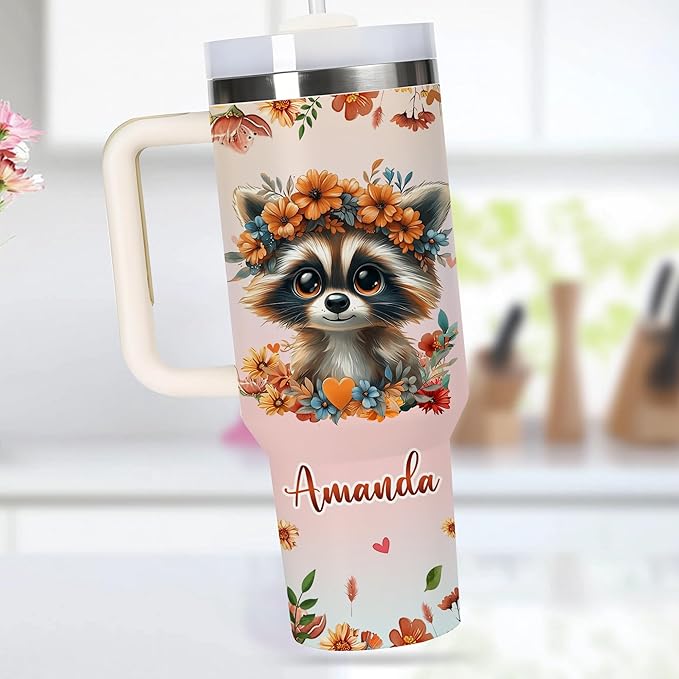 AGGLOMEKC Personalized Cute Raccoon Cup - Mother's Day Birthday Gift For Animal Lovers - Just A Girl Who Loves Raccoon Tumbler 40oz With Custom Name - Pet Lover Gifts For Women, Her