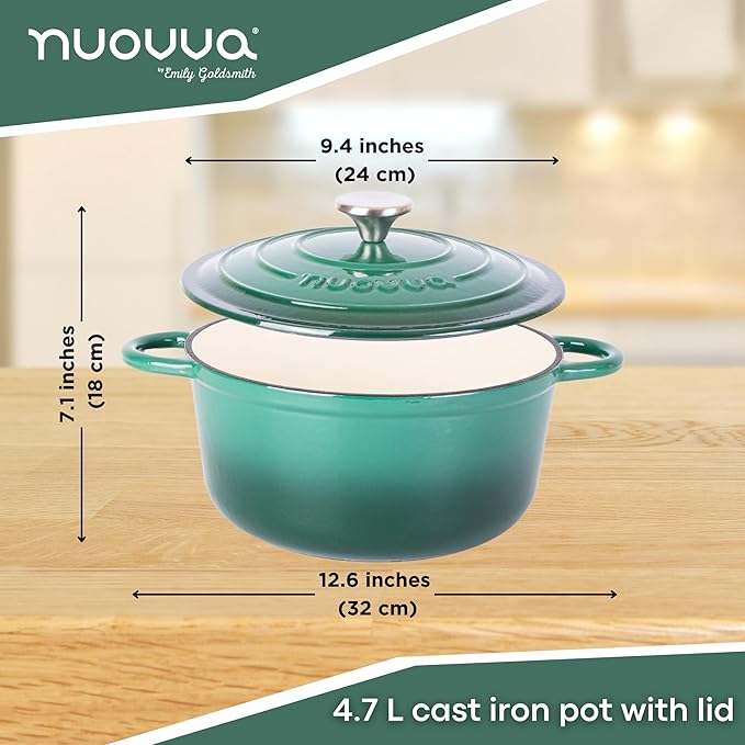 Cast Iron Dutch Oven with Lid ??Non-Stick Ovenproof Enamelled Casserole Pot ??Sturdy Dutch Oven Cookware ??Dark Green, 5-Quart, 24cm ??by Nuovva