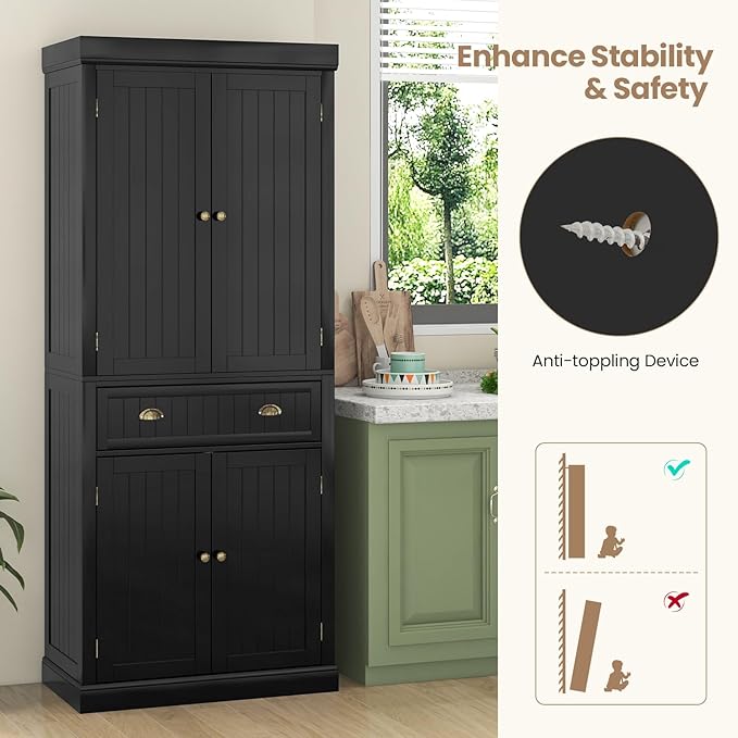 Tangkula 72" H Kitchen Pantry Cupboard Cabinet, Traditional Freestanding Large Tall Storage Cabinet with 2 Cabinets and Drawer, Adjustable Shelves, for Living Room Kitchen, 30 x 16 x 72 Inch
