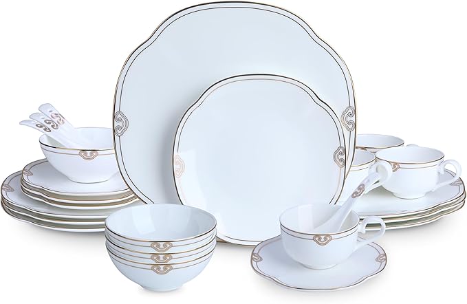 24 Piece White Porcelain Dinnerware,Bone china Set for 4,Plates and Bowls Sets With Double Gold Rim, Highly Chip and Crack Resistant | Dishwasher Safe Dishes Set (White & Double Gold Rim)