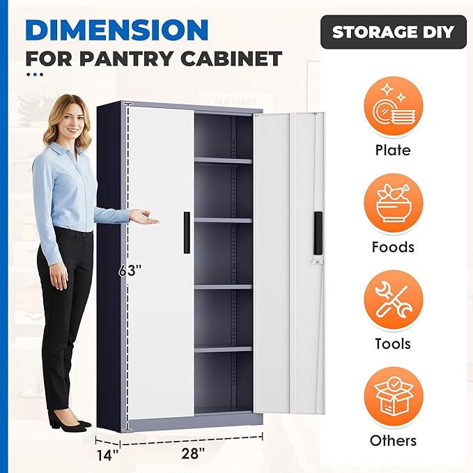 INTERGRAET 63" Tall Pantry Cabinet,Kitchen Pantry Storage Cabinets with 2 Doors and 4 Shelves,Gray White Metal Storage Cabinet,Cupboard for Home,Kitchen,Living Room/Dining