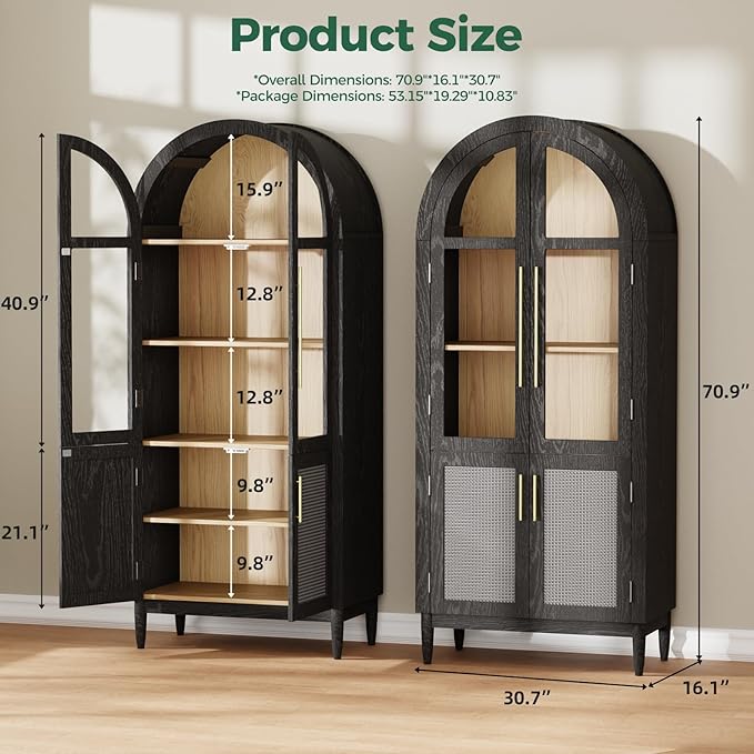 71?쒪rched Kitchen Pantry Cabinet, Stylish Arched Bookcase & Multi-Use Storage Cabinet with Glass & Rattan Doors, Ideal as Kitchen Pantry, Living Room Display, or Entryway Organizer ??Black