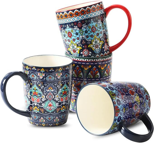 glowworm 16 oz Coffee Mugs Set of 4, Large Ceramic Coffee Cups, Colorful Mugs Set with Handles for Latte, Hot Cocoa, Tea, Housewarming Gift, Dishwasher & Microwave Safe, Bohemian