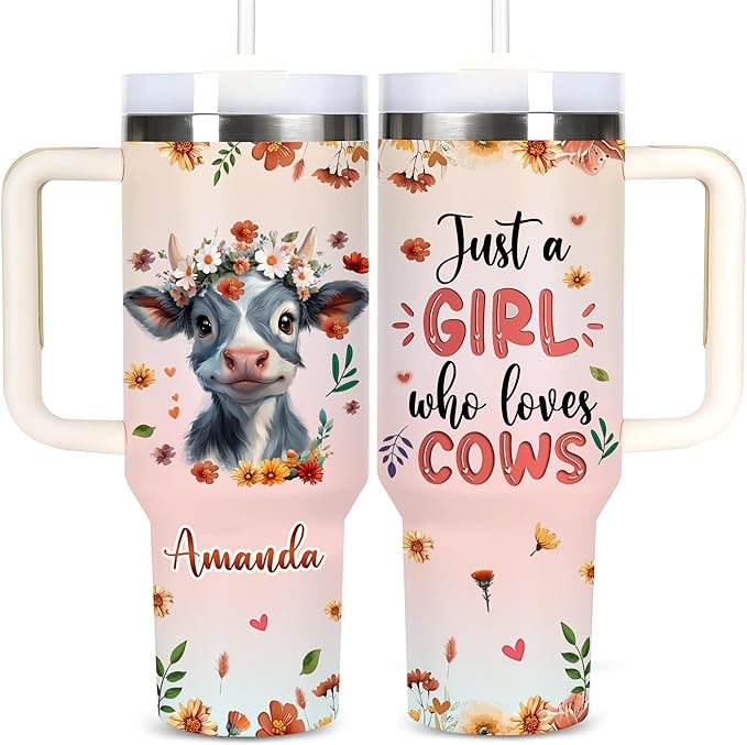 AGGLOMEKC Personalized Cute Cow Cup - Mother's Day Birthday Gift For Animal Lovers - Just A Girl Who Loves Highland Cows Tumbler 40oz With Custom Name - Pet Lover Gifts For Women, Her