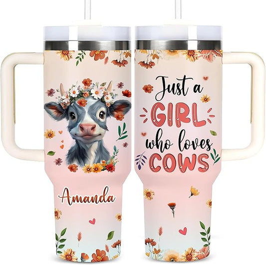 AGGLOMEKC Personalized Cute Cow Cup - Mother's Day Birthday Gift For Animal Lovers - Just A Girl Who Loves Highland Cows Tumbler 40oz With Custom Name - Pet Lover Gifts For Women, Her