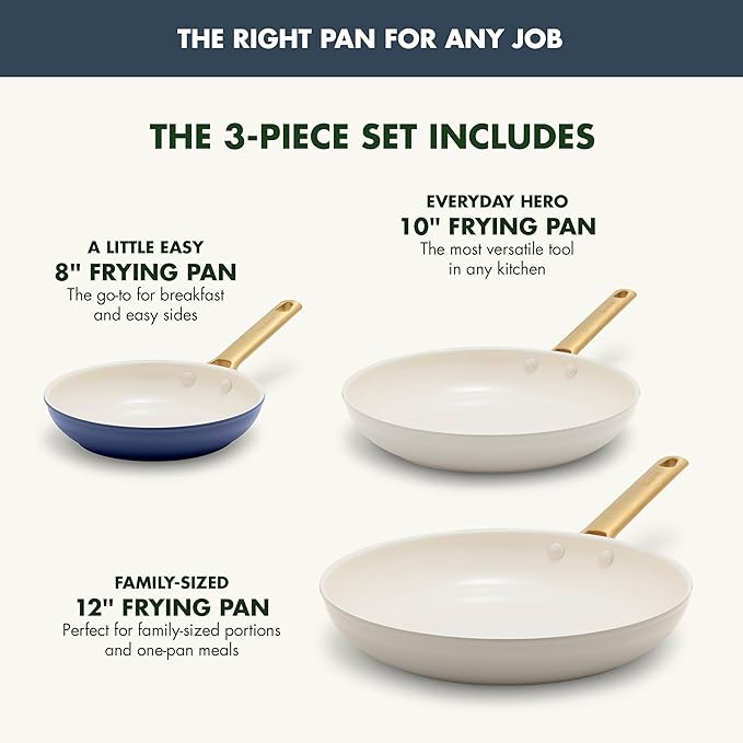 GreenPan 3 Piece Ceramic Cookware Set, Non Stick Frying Pans (8??10??& 12??Skillets), PFAS-Free Non-Toxic Induction Cookware, Hard Anodized, Kitchen Pots, Dishwasher Safe, Navy, Taupe, Cream
