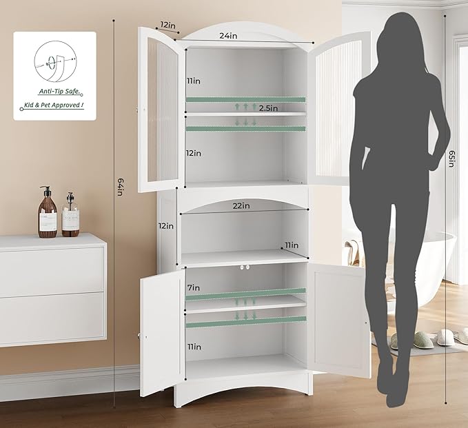 Kitchen Pantry Cabinet, Upgraded All Painted Tall Bathroom Cabinet, Modern White Kitchen Hutch W/Microwave Stand & Fluted Glass Doors, White Wooden Storage Cabinet for Living Dining Room