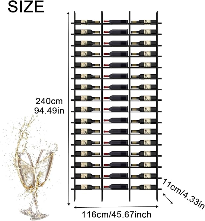 Wall Mounted Wine Rack, H 94.49inch, 16 Rows, Black 48 Bottle Wine Cellar Racks, Metal Wine Bottle Holder for Home Bar, Wine Kitchen Storage (Black, 3 Columns竊?8 Bottles竊?
