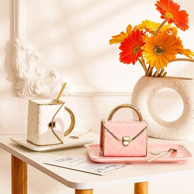 Zubebe 2 Sets Coffee Mug Elegant Handbag Shaped Cup Valentine's Day Modern Ceramic Purse Mug with Spoon and Saucer, 10oz Cute Creative Tea Cup for Woman Girls Gift (Pink,White)