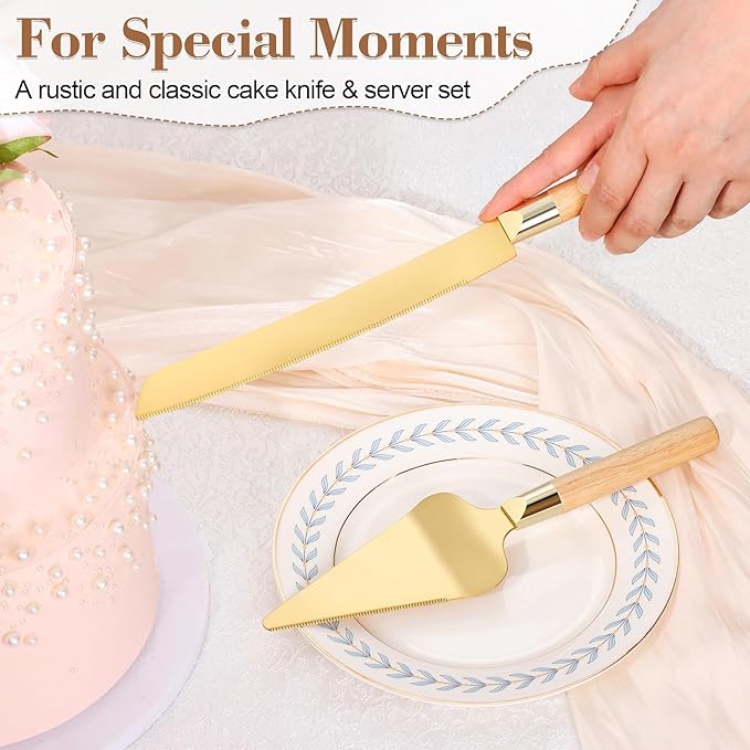 Gold Cake Cutting Set for Wedding, Wood Cake Knife and Server Set, Rustic 2-Piece Pie Cutter Serving Set, Serrated Dessert Utensils, Bridal Anniversary Quincea챰era Gift (Oak color)