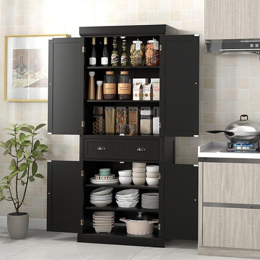 DORTALA 72??Tall Kitchen Pantry Cabinet, Wood Storage Cupboard w/ 4 Adjustable Shelves, 2 Cabinets & Drawer, Utility Freestanding Storage Cabinet for Kitchen, Hallway, Living Room, Black