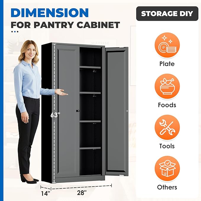 INTERGRAET Kitchen Pantry Cabinet, 63" Tall Metal Pantry Storage Cabinets with 2 Doors and 4 Shelves, Black Metal Storage Cabinet,Cupboard for Home,Kitchen,Living Room/Dining