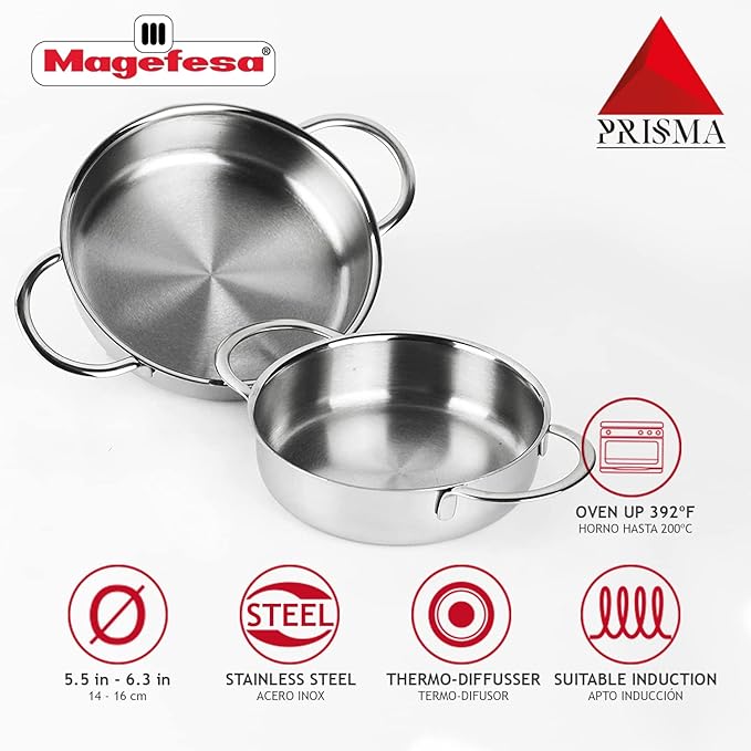 Magefesa Prisma ??5.5 and 6.3 inches mini Deep saute, made in 18/10 stainless steel, for all types of Stovetops, INDUCTION, easy cleaning, dishwasher and oven safe up to 392쨘F