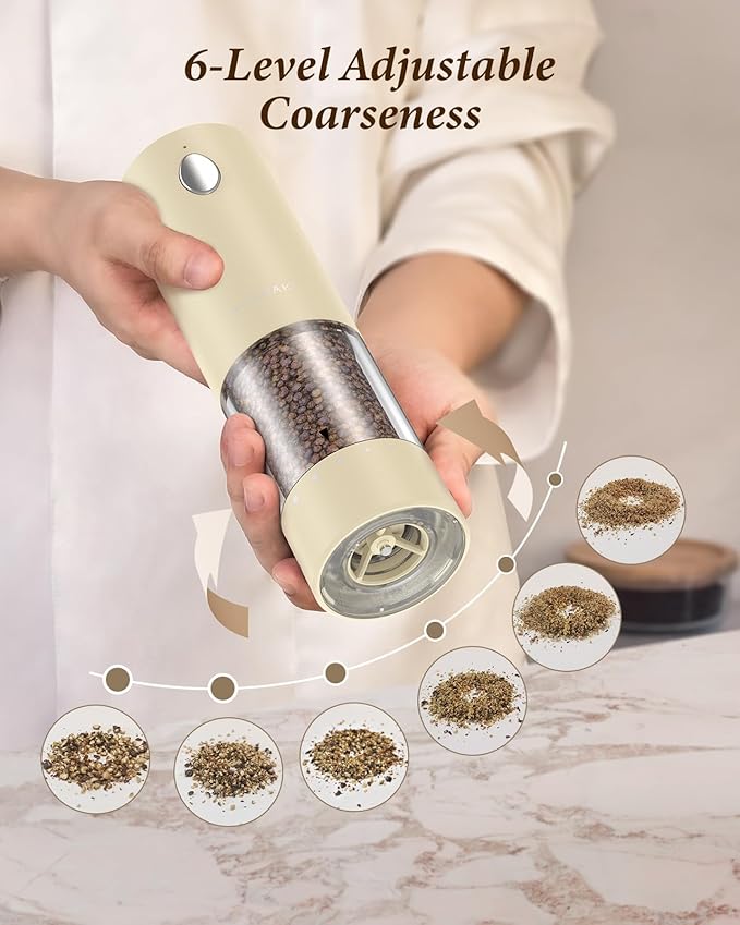Electric Salt and Pepper Grinder Set - Automatic Refillable Salt and Pepper Grinders with Charging Base & LED Light, 6-Level Adjustable Coarseness with External Dial, Ideal Kitchen Gadget竊똁eige