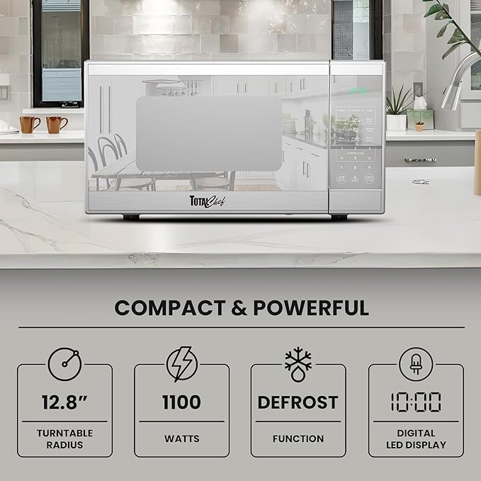 Total Chef 1.3 Cu Ft Microwave Oven ??Compact Countertop Kitchen Appliance, Small Stainless Steel Microwave with Digital Touch, Pre-Set Functions, 12.8??Turntable, 1100 Watt