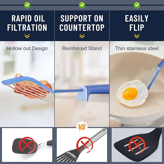 Fish Spatula,600??Heat Resistant Silicone Fish Spatula with Basting Brush,for Nonstick Cookware,Flexible Slotted Fishs Turner Spatulas,BPA Free,Dishwasher Safe(Blue)