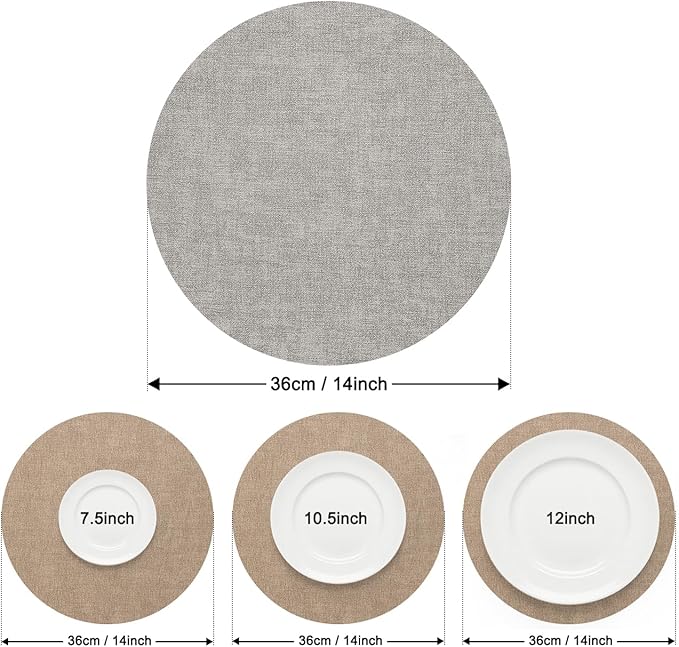 Myir JUN Reversible Vinyl Round Placemats Set of 6, Faux Leather Place Mats Dual Sided Waterproof Oilproof Wipeable, Heat-Resistant Table Mats for Kitchen Dining Indoor Outdoor (14", Light Gray Beige)