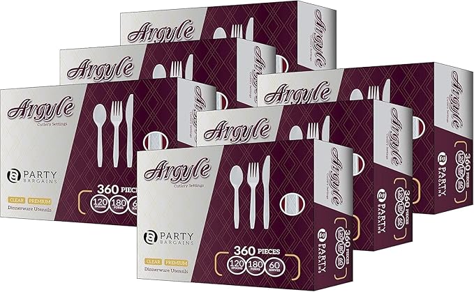 Party Bargains White Plastic Cutlery 2160 pcs: 1080 Forks, 720 Spoons, 360 Knives. Argyle Design, Heavy Duty & Solid Disposable Silverware Utensils Combo Pack Set for Weddings, Buffets, Luncheons