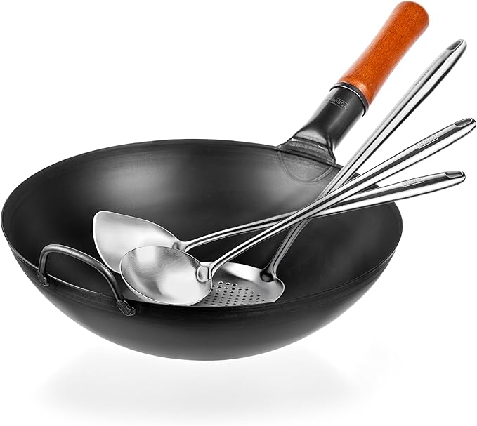YOSUKATA Carbon Steel Wok Pan ??13,5 ??Stir Fry Pans PLUS 17" Wok Spatula and Ladle Skimmer Spoon - Stainless Steel Cooking Utensils Set