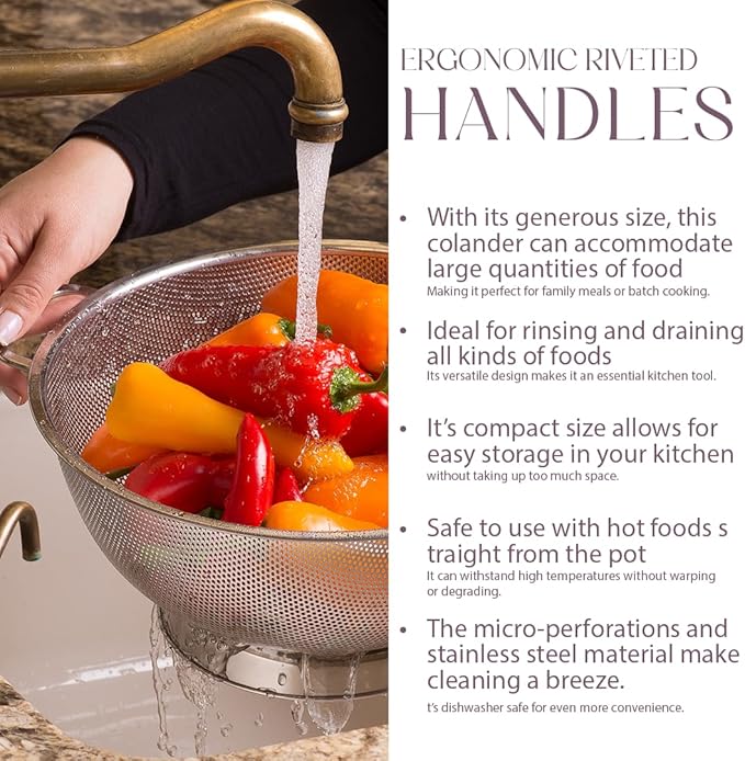 Bellemain Colander for Kitchen ??5 Qt Stainless Steel Strainer with Handle - 18/8 Pasta Strainer Bowl for Pasta, Spaghetti, Vegetables, Fruit, and Pot Draining - Stainless Steel Colander