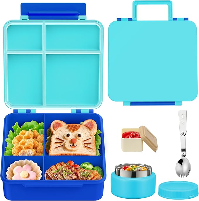 Aimsnk Kids Bento Lunch Box with 8oz Soup Thermo, Kids Leakproof Lunch Food Containers with 4 Compartment,Insulated Hot Food Jar with Lunch Bag for School, Travel (Blue-No lunch bag)