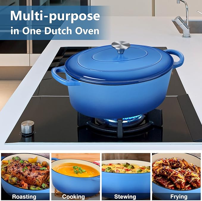 P&P CHEF Oval Dutch Oven with Lid, Enameled Cast Dutch Oven Pot for Bread Baking, Braising, Stewing, Roasting, Non-Stick & Oven Safe, Dual Handles & Easy Clean, 7QT & Blue