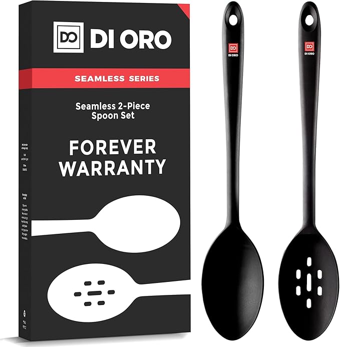 DI ORO Silicone Spoons for Cooking - Large Kitchen Spoons for Mixing, Serving, & Stirring - 600째F Heat-Resistant Non Stick Utensils ??Big Solid & Slotted - Dishwasher Safe (2pc, Black)