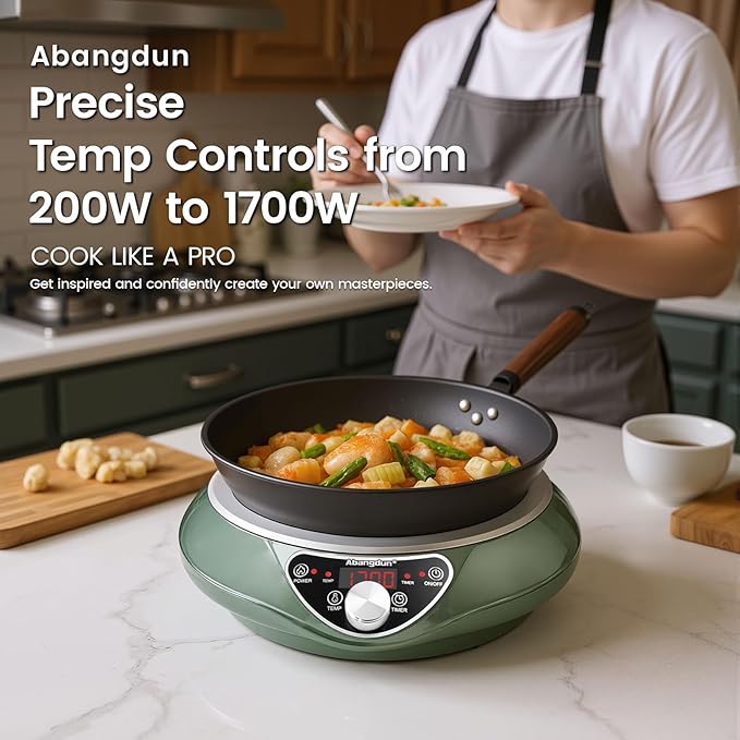 1700W Wok Induction Cooktop with 13.4??Nitride Carbon Steel Wok Round-Bottom & Flat-Pan Compatible, Electric Stir-Fry Wok Set for Home & Restaurant, No-Coating, Even Heating