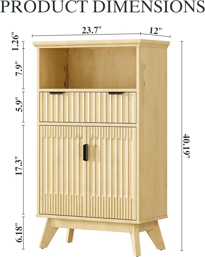 FLOWBACK Fluted Cabinet, 40'' High Coffee Bar Cabinet with Drawer & Door, Bathroom Storage with Open Shelf, Wood Kitchen Pantry Sideboard Buffet Table with Shelves for Kitchen, Dining Room, Entryway