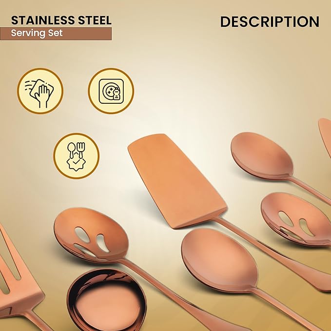 Avador짰 Premium Set of 8 Stainless Steel Hostess Serving Utensil Tool Set for Weddings | Buffer | Party | Kitchen | Restaurants (Rose Gold Plated)
