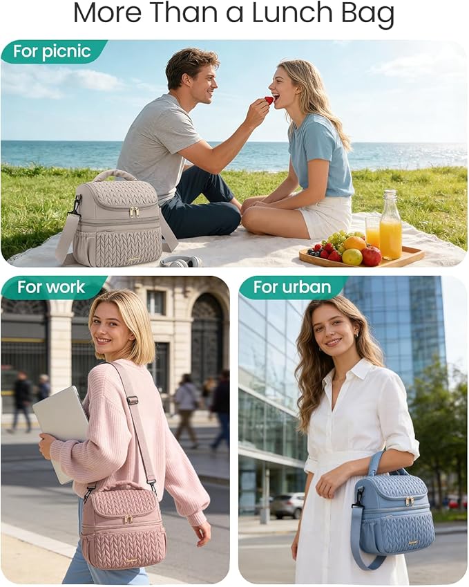 LEADVENST Lunch Bag Women, Double Deck Insulated Lunch Box - Large Capacity 12L with Detachable Divider for Tall Items, Leakproof, Durable & Reusable Cooler Bag For Work Picnic Travel, Quilted Khaki