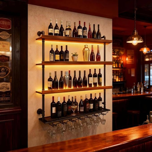 Wall Mounted Wine Rack with LED Light, 4 Tiers Large Wine Rack with Wine Glass Holder. lron & Wood Liquor Bottles Floating Shelves Display Storage for Bar, Kitchen, Cafe (Walnut, 120cm/47.2in)