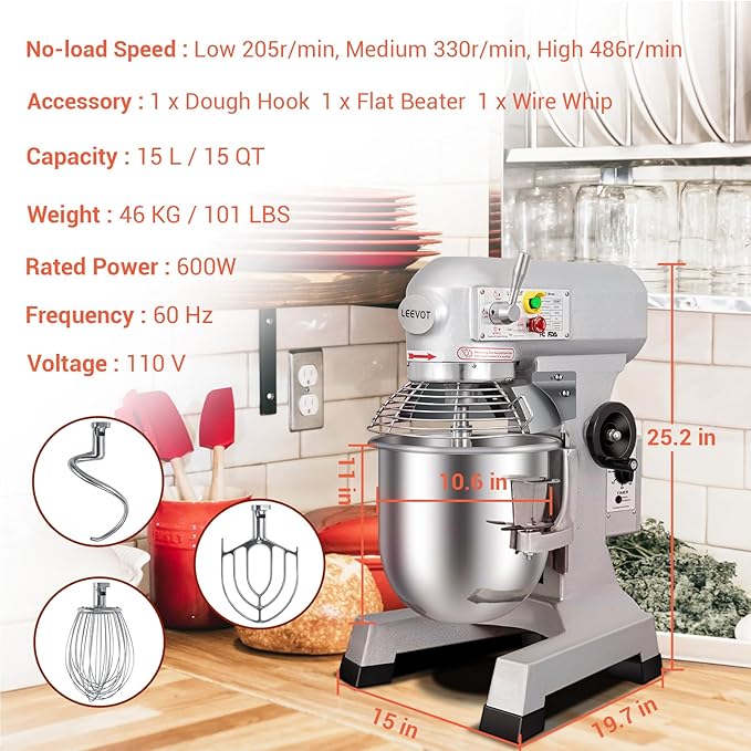 15Qt Commercial Food Mixer with Timing Function, Commercial mixer 3-Speed Adjustable Heavy Duty, Electric Stand Food Mixer with Stainless Steel Bowl for Bakery Pizzeria (Upgraded)