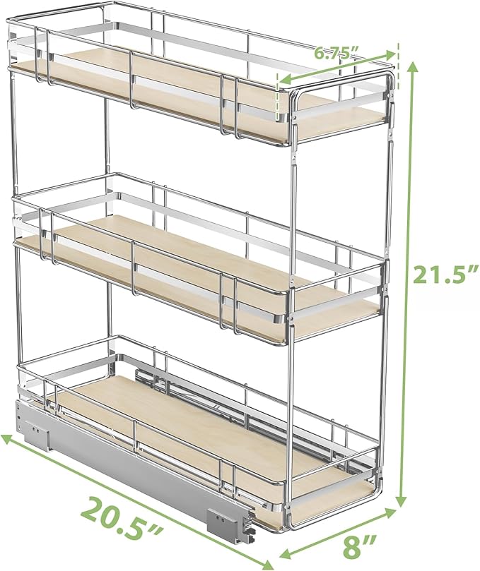 ROOMTEC 3-Tier Pull Out Cabinet Organizer Spice Rack for Narrow Cabinet 8" W x 20쩍" D, Slide Out Wood Shelves Storage for Kitchen
