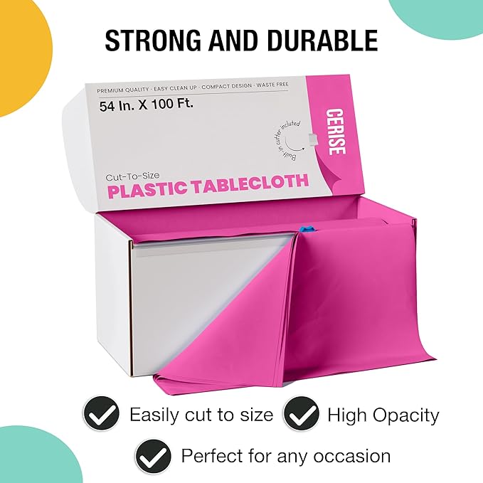 Party Solids 54 Inch X 100 Feet Cerise Plastic Table Cover Roll in A Cut - to - Size Box with Convenient Slide Cutter. Cuts Up to 12 Rectangle 8 Feet Plastic Disposable Tablecloths